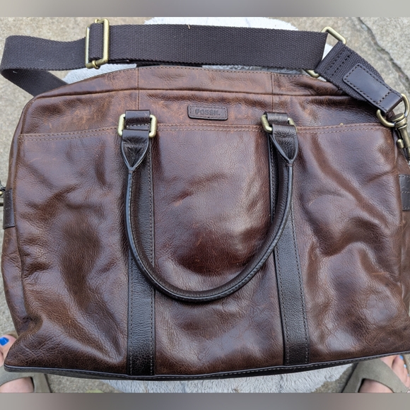 Huge Vintage Brown Leather Fossil Briefcase Bag - Picture 1 of 9